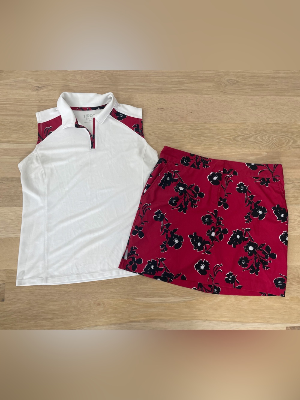 Izod Red and Black Floral Golf Skort set - FLAWED Shirt 10/L